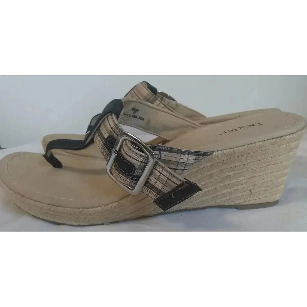 Women's Wedge Sandals Sz 11 Dexter Espadrille Black Tan Jute Hemp Heel READ‎